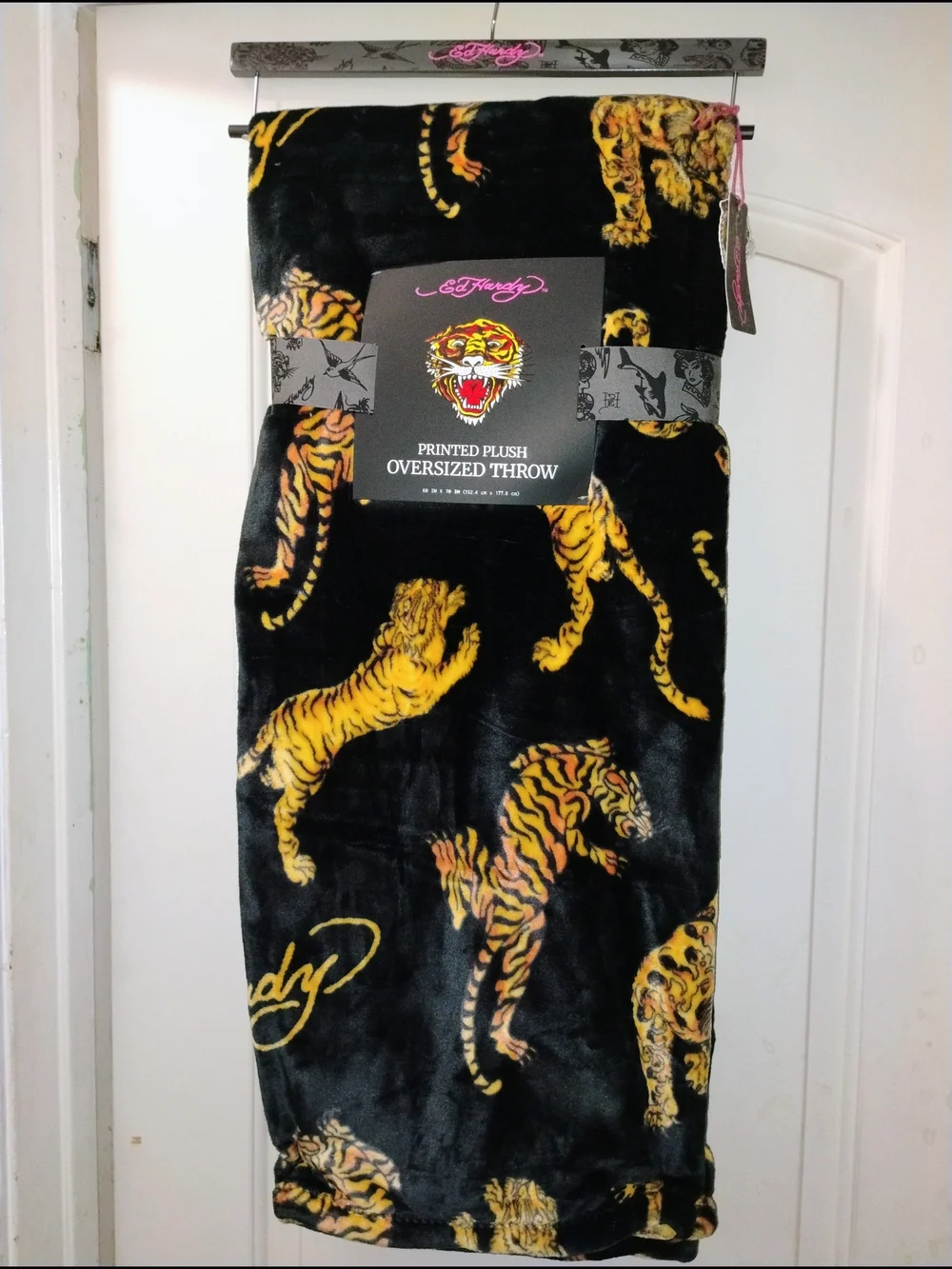 Ed Hardy Black Plush Throw with Yellow and Orange Tiger Print 60/70